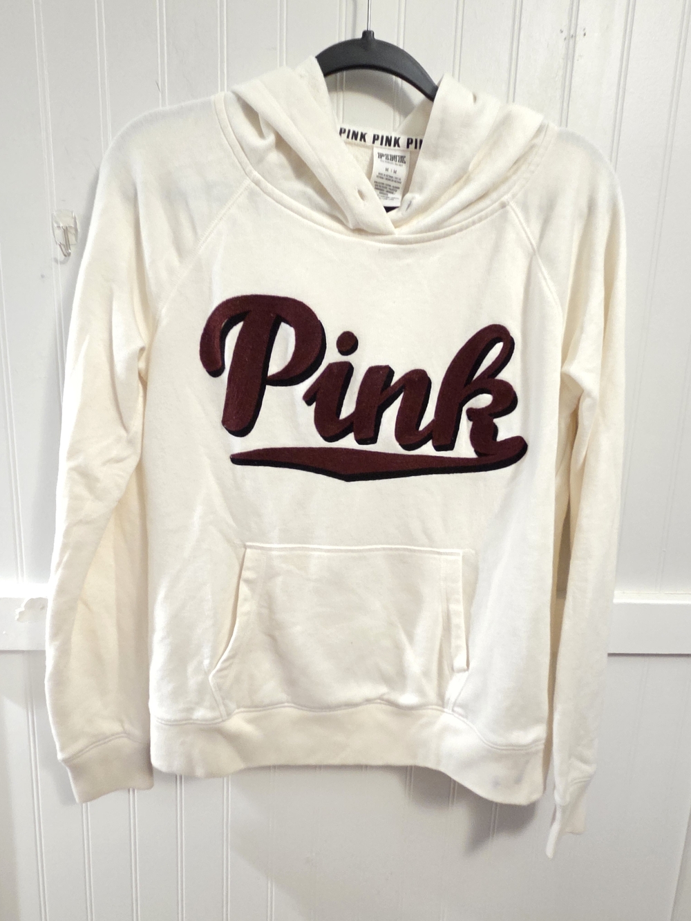 PINK Victoria's Secret Cream Hoodie with Burgundy Script